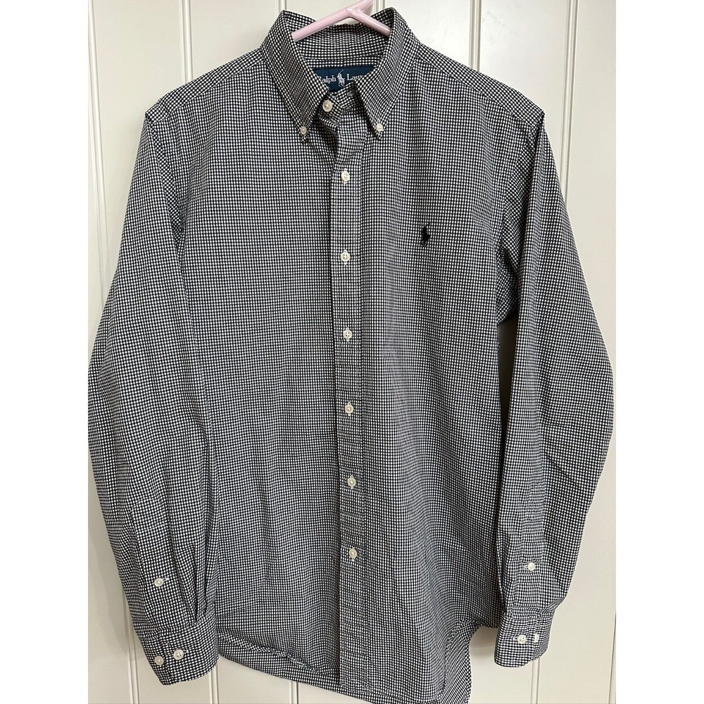 Ralph Lauren Shirt Mens‎ 14 1/2 32-33 Black Gingham Plaid Button Up Pony Logo